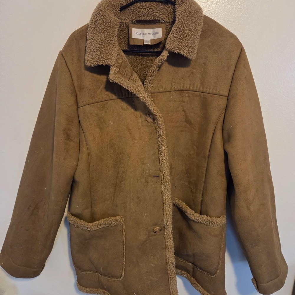Jones New York Tan Faux Suede Shearling Lined Button Front Car Coat Jacket Large